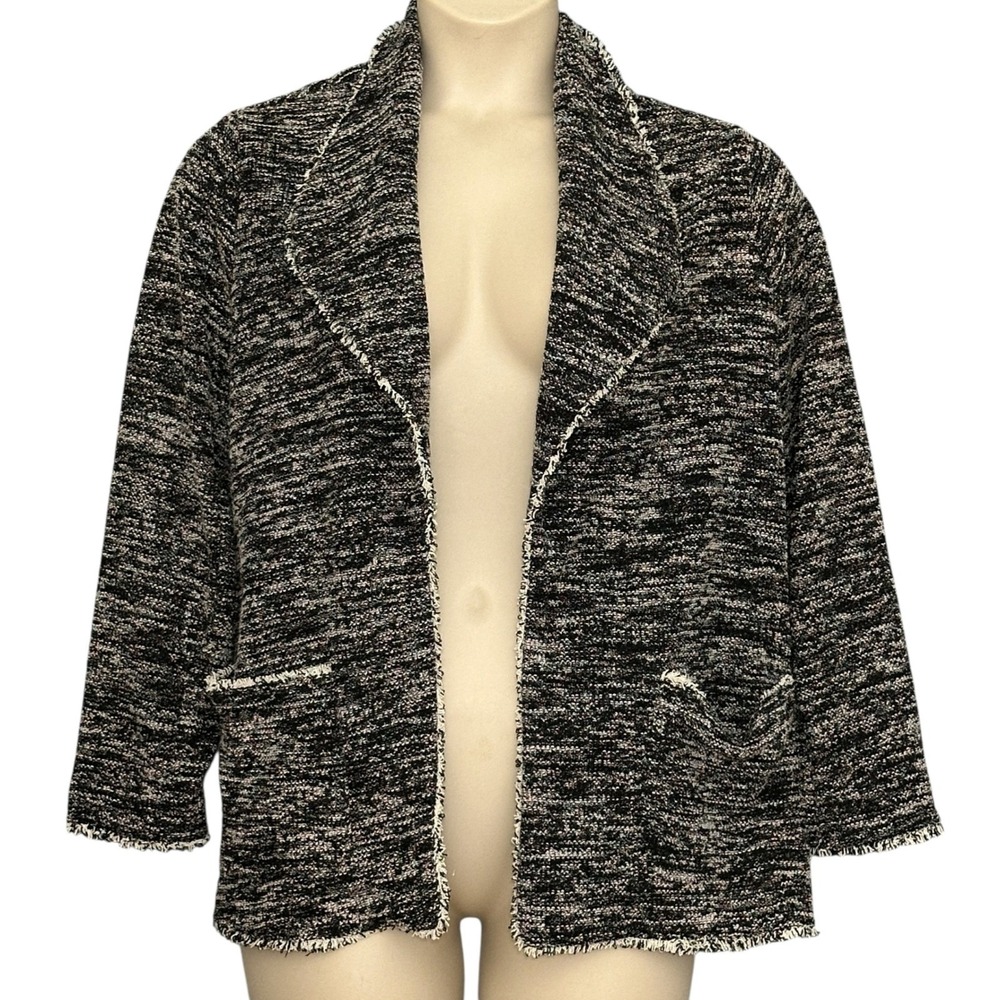 Max Studio Womens Jacket Plus 1X Black Tweed Fringed Open Front Academia Modern